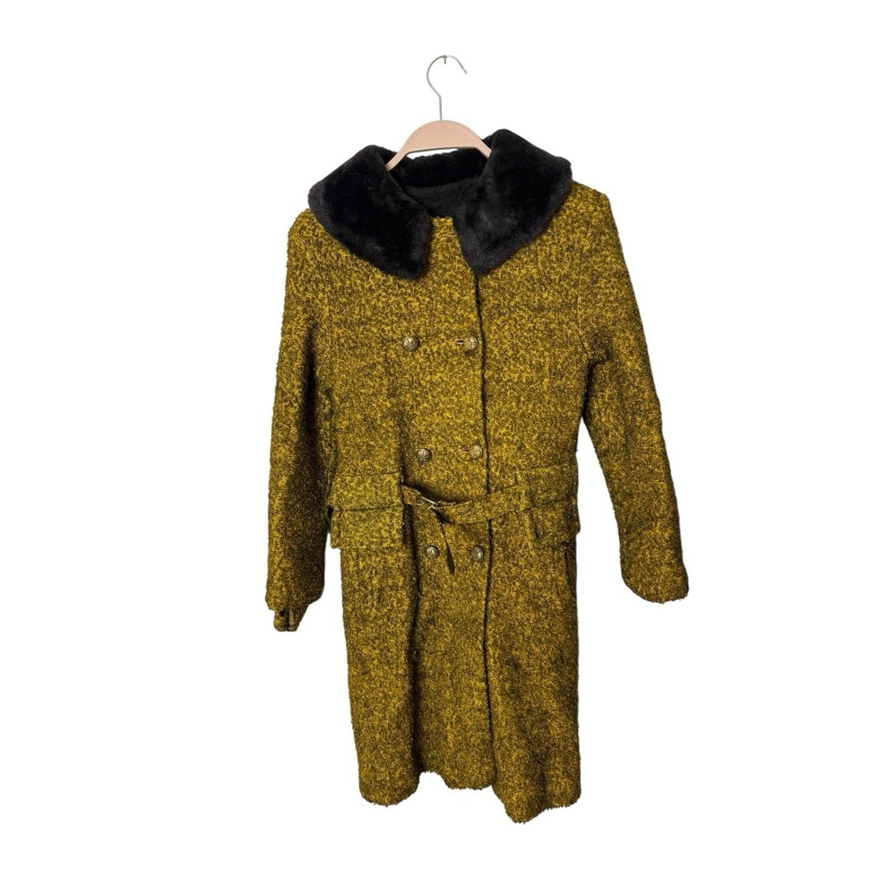 vintage handmade tweed‎ mustard yellow belted coat womens S XS